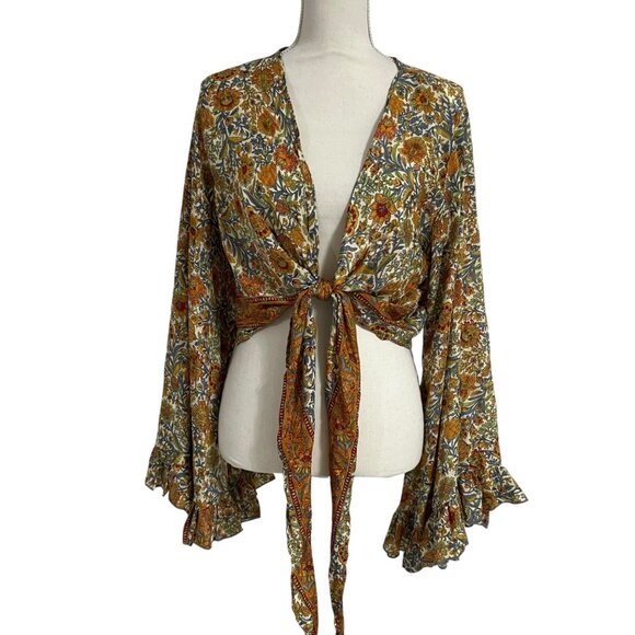Gardenbell Shop Boho Cottage Folk Coachella Bell Sleeve Silk Wrap Top OS - Picture 3 of 11